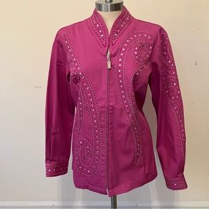 Bob Mackie Wearable Art Jacket Pink Embroidered Studs Western Zip Woman Sz. S